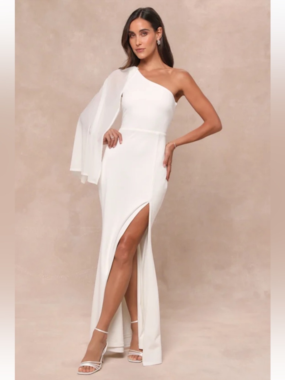 Lulus Majestic Attitude White Cape Sleeve One-Shoulder‎ Maxi Dress Size XS New!